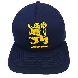 Vintage Lowenbrau Beer Hat Trucker Mesh Snapback Cap Blue Gold Lion Logo Brewery